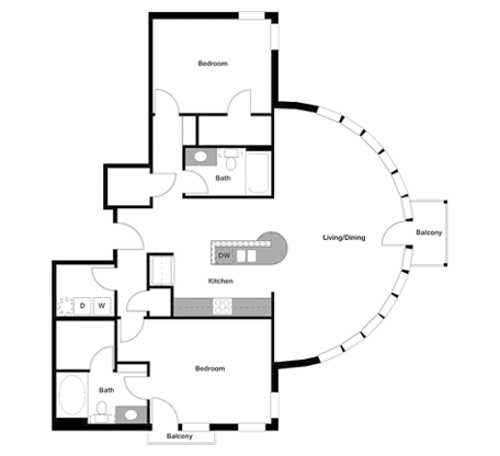 Floor plan for 2 beds, 2 baths, 1100 sqft